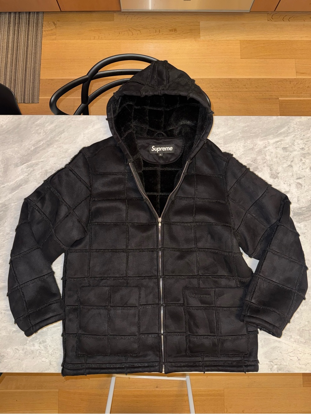 Supreme Black Faux Shearling Patchwork Hooded Zip Jacket